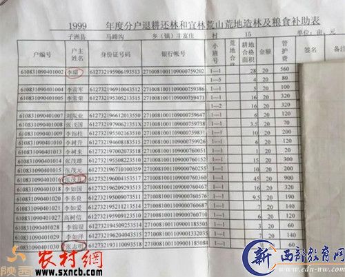 子洲县马蹄沟镇丰富庄村1999年度分户退耕还林和宜林荒山荒地造林及粮食补助表